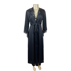 Vintage Jolie Black Lace Trimmed  Robe With Tie Waist & Wide Sleeves Sz S